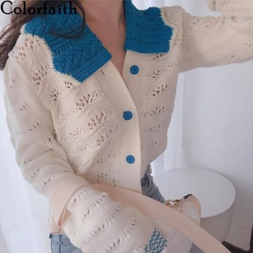 Colorfaith New 2020 Womens Sweaters Summer Turn-down Collar Casual Single Breasted Knitting Hollow Out Short Cardigans SWC2828
