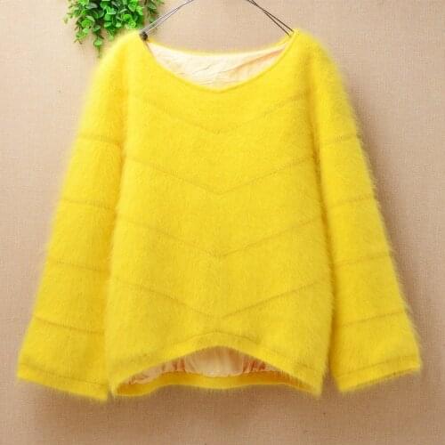 Lined inside female women hairy mink cashmere long sleeves v-neck slim blouses pullover angora fur winter jumper sweater pull