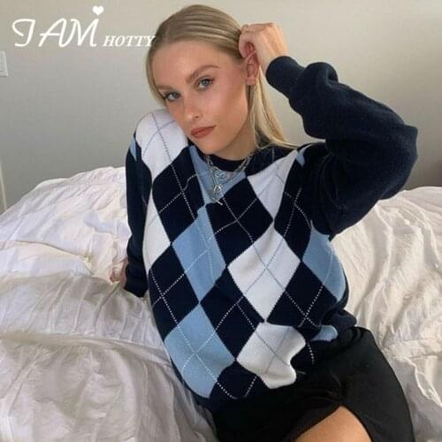 IAMHOTTY Knitted Y2K Aesthetic Argyle Womens Sweater 90s Girls School Preppy Style Pullover Sweaters Female 2020 Elegant Top