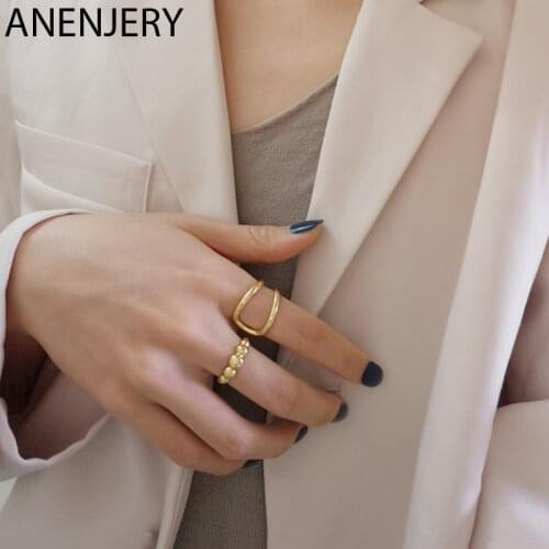 ANENJERY 925 Sterling Silver Hollow Geometric Open Finger Ring for Women Gold Girl Party Jewelry 2020 Bijoux S-R906