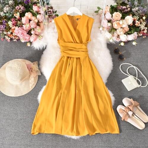 Womens Clothing Dresses 2021 Summer Dress New Sexy V-neck Sleeveless Cross Straps Waist Slimming Elegant Dress Vestidos Women