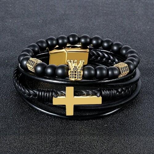 2pcs/Set Cross Leather Bracelets Bangles Gold Black Crystals Crown Beads Charm Bracelets for Men Hangsome Religious Jewelry