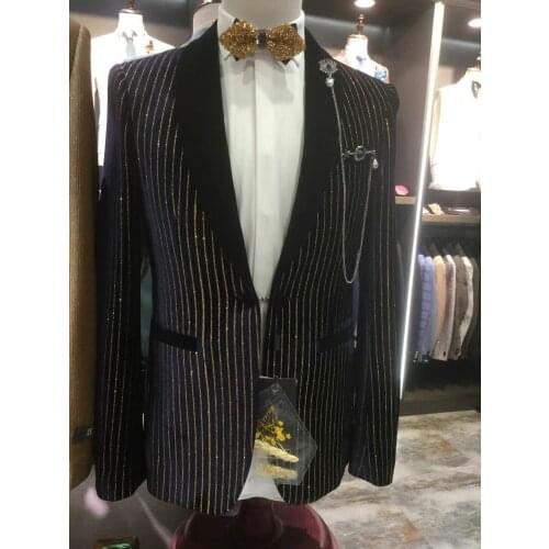 2021 Fashion Shining Striped velvet Wedding suits for men slim 2 piece set groom man party mens suit tuxedo Blazer Jacket pants