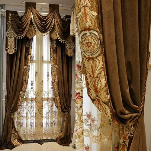 European-style French Palace Korean Velvet Embroidered Curtains for Living Room Bedroom Villa High-rise Coffee Color Curtain