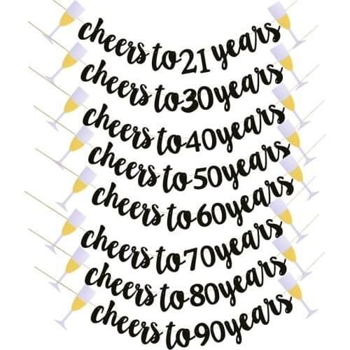 Black Glitter Cheers To Years Banner Birthday Party Garland for 21th 30th 40th 50th Wedding Anniversary Birthday Decoration ww05