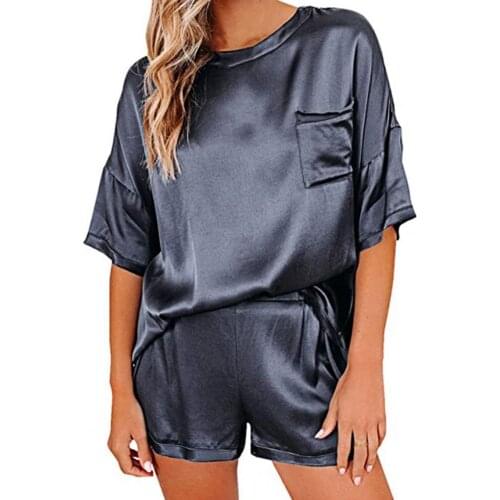 Women Satin Solid Color Short Sleeve Top Shorts Nightwear Pajama Set for Bathroom