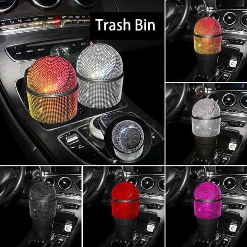 Round Shape Car Trash Can with Lid Mini Crystal Auto Garbage Can Vehicle Plastic Trash Bin Dustbin Organizer