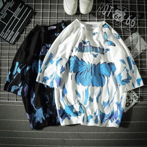 Mens High Street Tshirts Blue Butterfly Streetwear Tops Men Harajuku 2021 Summer Short Sleeve T-Shirt Tees Male Oversize Clothes