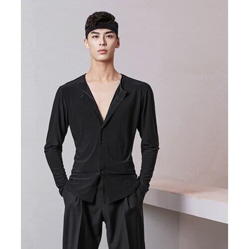 2020 Men Latin Dance Tops Adult Black Cardigan Shirt Latin Dance Practice Clothes Cha Cha Rumba Samba Competition Dress SL4087