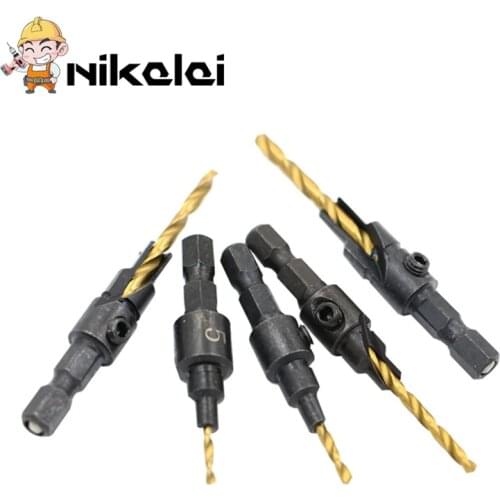 HSS Countersink 5pcs Drill Bit Set Quick Change 1/4" Hex Shank Trim Screw #5 #6 #8 #10 #12 Counter Bore Screw Woodworking Tools