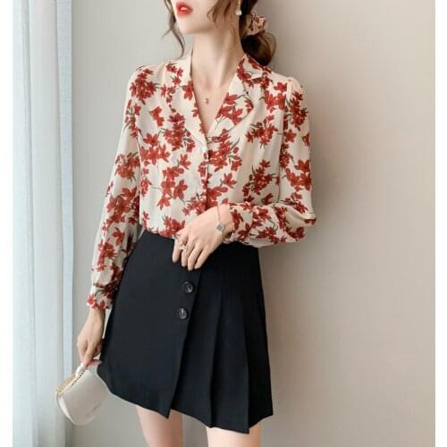 2020 Autumn Cardigan Shirts Lapel Long-sleeved Shirt Fashion Loose Chiffon Shirt Top Blouse Women Floral Printed Flowers Tops