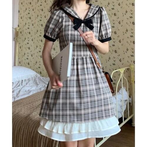 Japanese Summer College Lolita Style Short Sleeve Dress Vintage Mori Sweet Lace Splice Peter Pan Collar Girl Cute Bow Doll Dress