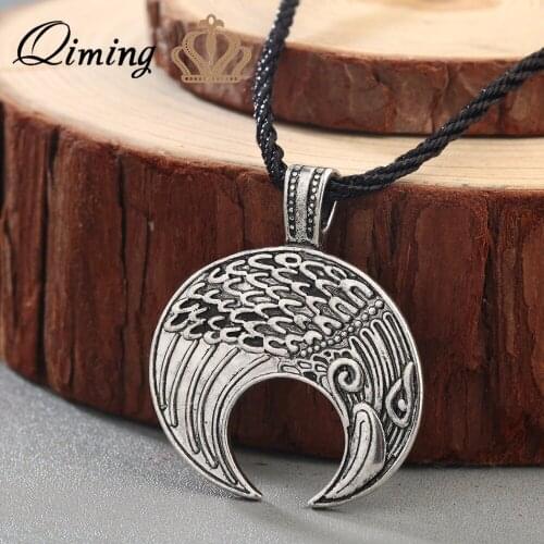 QIMING Punk Style Neckalce Fashion Jewelry Men Raven Viking Lunula Pendant Amulet Crescent Moon Norse Slavic Pagan Necklace