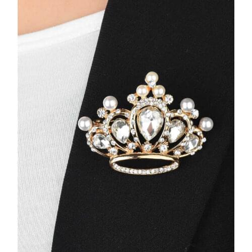 Luxury Clear Austrian Crystal Crown Brooches Pin Gold Color -color Clothes Sweater Accessories Unisex Jewelry For Women Men
