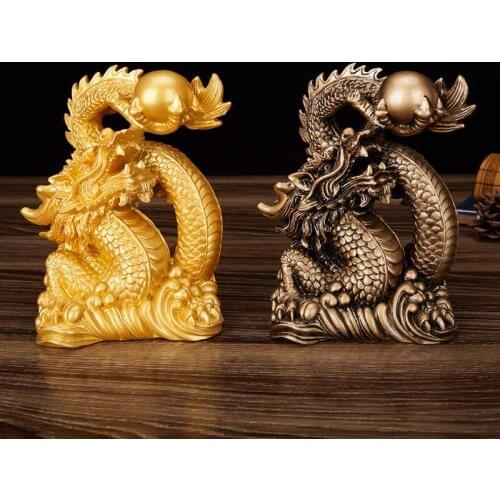 Resin Lucky Dragon Sculpture Statue Chinese mascot Tamron ornaments Home decoration accessories Gold color and antique copper