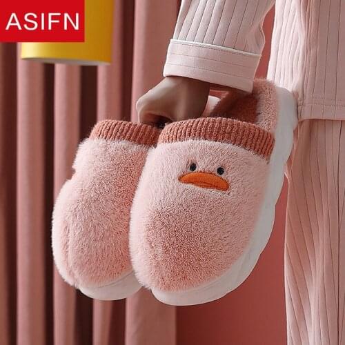 ASIFN Winter Indoor Women Slippers Cute Cartoon Duck Bedroom Couples Cotton Shoes Comfortable Non-slip Home Ladies Funny Slides