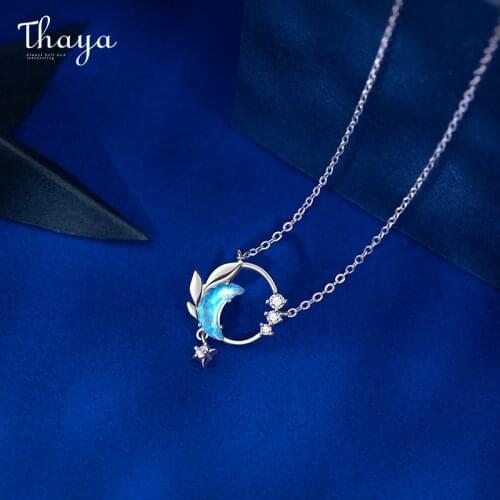 Thaya Real 925 Silver Neck45cm Crescent Necklace Pendant Zirconia Silver Light Blue Necklace For Women Elegant Fine Jewelry Gift