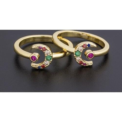 High Quality Moon Cross 12 Styles Bohemia Rainbow Cubic Zircon Rings Copper Jewelry Adjustable Round Wedding Party Band Gift