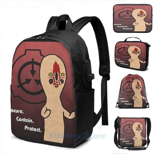 Funny Graphic print SCP Foundation SCP-173 and Logo USB Charge Backpack men School bags Women bag Travel laptop bag