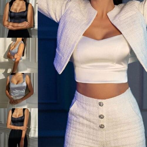 Women Summer Sleeveless Satin Tank Top Sexy Low Chest Square Neck Corset Crop Top Vest Solid Color Retro Slim Streetwear