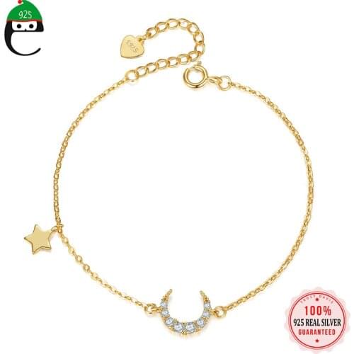 ElfoPlataSi 925 Real Sterling Silver Moon Star CZ Bracelet For Women Fashion Classic Student Party Jewelry Girlfriend L119