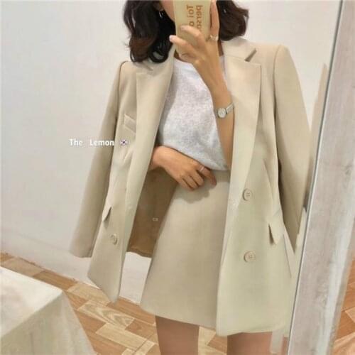 Womens skirt suit newstyle solid color fashion suit collar temperament commuter double-breasted suit jacket skirt two piece set