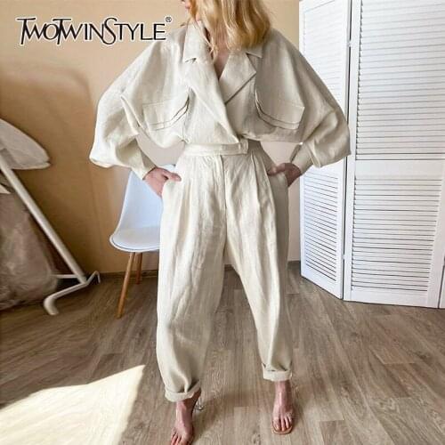 TWOTWINSTYLE Casual Solid Two Piece Set For Women Notched Long Sleeve Coat High Waist Straight Pants Female Sets 2021 Stylish
