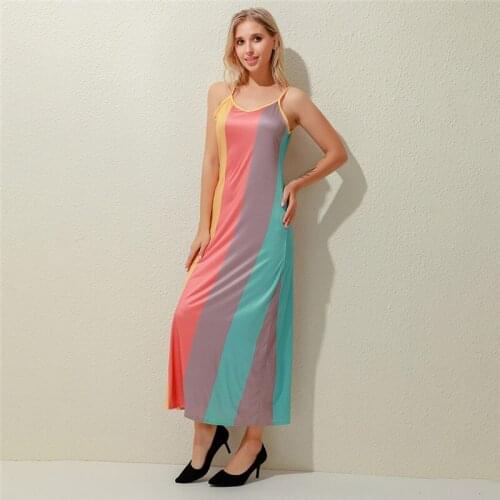 Boho Rainbow Color Dress Ladies Elegant Dazzling Backless Straps Dresses for Female 2020 Women Cute Sling Big Swing Dresses