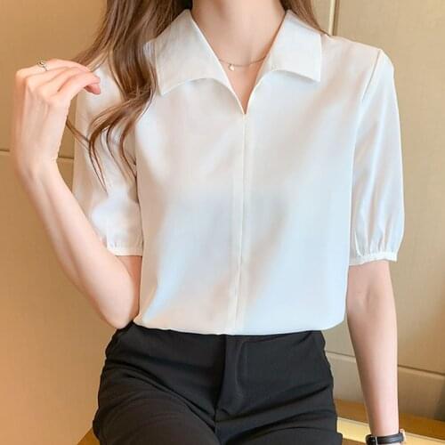 Blusas Mujer De Moda 2021 V-neck Chiffon Shirt Womens Summer New Retro Short-sleeved French Blusas Female White Tops Solid 1043