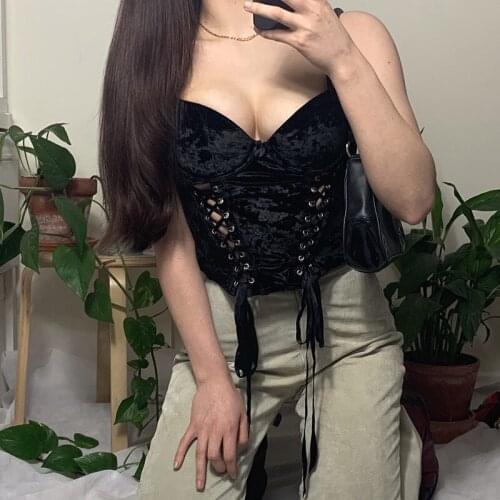 Black Vintage Gothic Bandage Camis Sexy Women V Neck Spaghetti Straps Backless Corset Tops Streetwear Camisole