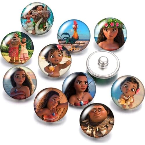 Disney Princess Moana Maui Tui Sina 10pcs Round photo glass cabochon 18mm snap buttons for 18mm snap bracelets jewelry wholesale