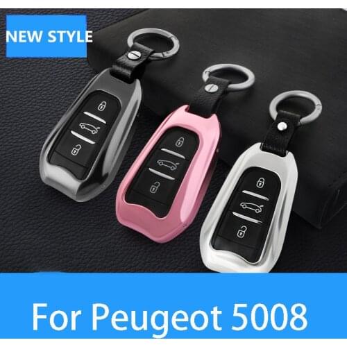 For Peugeot 5008 2017-2019 Car Key Cover Zinc Alloy+Leather Case Bag Keychain Skin Set Car accessories