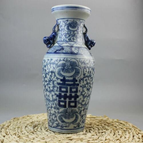 Chinese Old Porcelain Blue And White Double Happiness Painting Vases Home Decoration Accessory