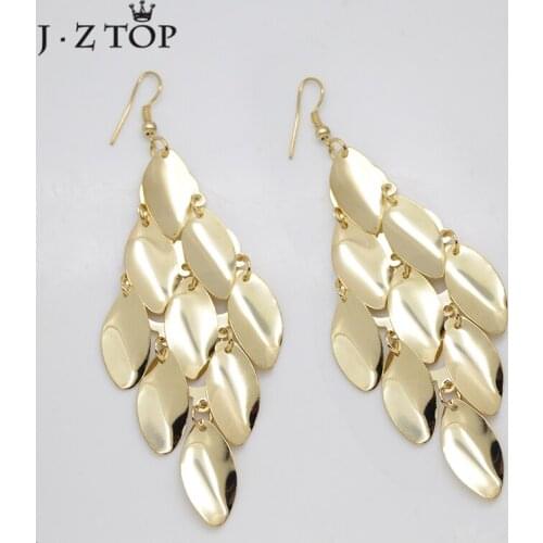 JZTOP Fashion Metal Water Drop Round Sheet Tassel Earring For Women Gold Silver Color Leaf Long Dangle Earrings Statement Bijoux