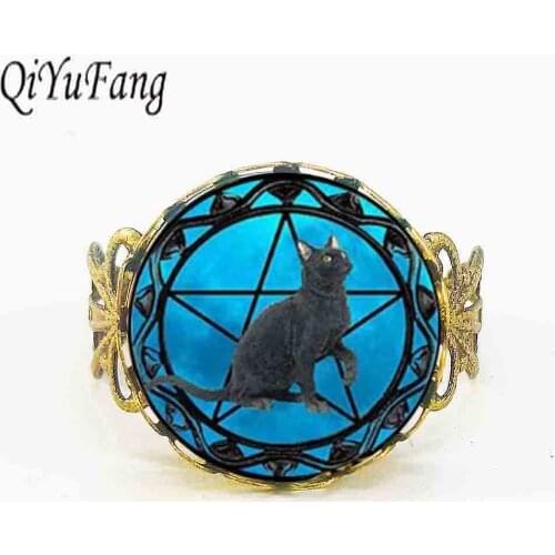 Alice In Wonderland Black Cat Ring wiccan collar Wicca Pentagram blue Glass Ring cristal colgante Wicca collar rings 1pcs/lot
