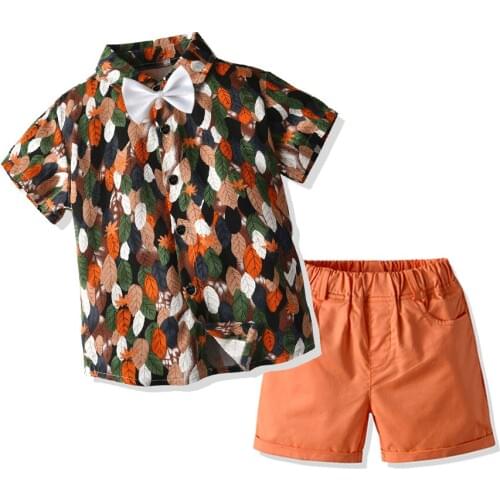 2021 New European And American Beach Two-Piece Summer Children Leisure Suit Boy Bow Tie + Lapel Shirt + Shorts Three-Piece Suit