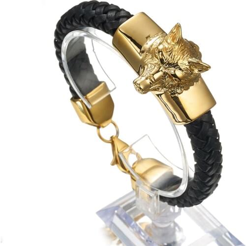 Mens Gold Filled Bangle Stainless Steel Leather Splendid Fashion Jewelry Wolf Head Male Bracelet Christmas Gift Jewelry