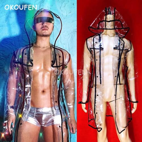 Nightclub male singer dj bar dancer stage show performance wear Sexy transparent future technology wind cloak costume suit