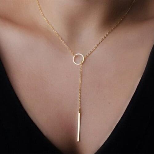 NEW Exquisite Gold Color Thin Adjustable Chain Necklaces Pendants Minimalist Simple Circle with Bar Long Necklace Jewelry