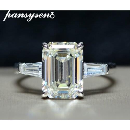 PANSYSEN 100% 925 Sterling Silver Emerald Cut Created Moissanite Diamond Gemstone Engagement Ring Wedding Bands Fine Jewelry