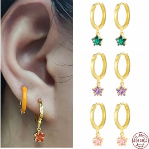 Aide 925 Sterling Silver Green Purple Pink Zircon Star Pendant Hoop Earrings Sparkling Colored Crystal Star Charm Earrings Gift