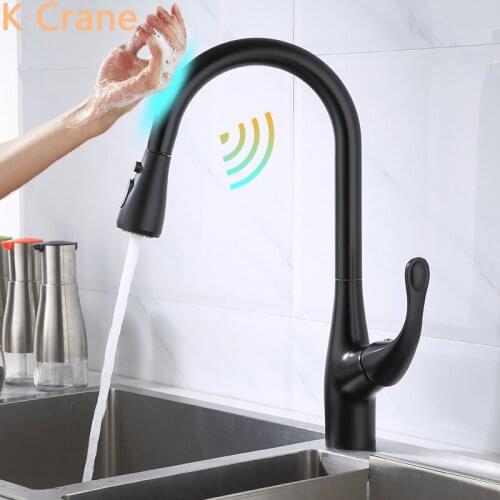 Touch Kitchen Pull Out Faucet Smart Sensor Black Tap Hot Cold Water Mixer Crane Luxury Brass Grifo Induction Torneira Cozinha