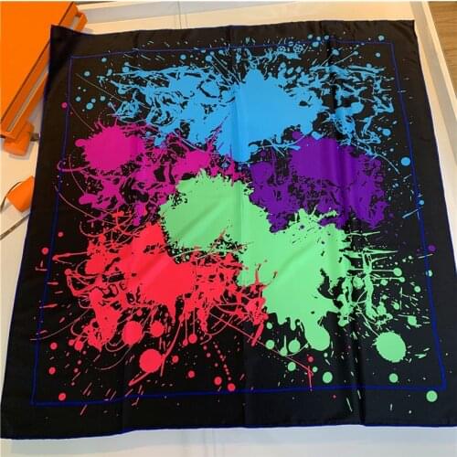 90cm “Splash Ink” Twill Silk Scarf Women Square Shawl Brand Hijab Scarf Foulard Bandana Handmade Curled New Design Head Scarves
