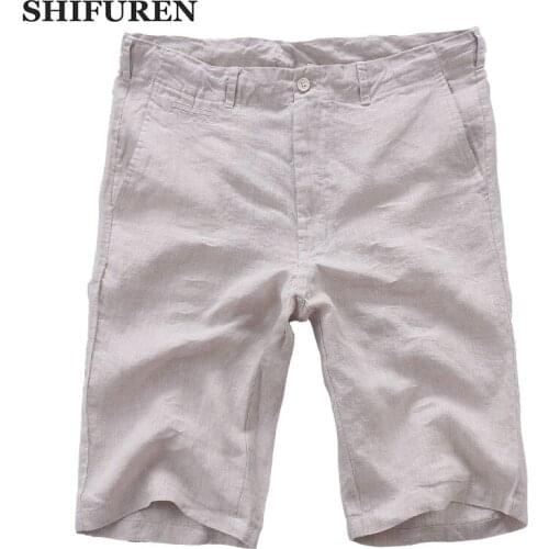 SHIFUREN 2018 Summer Men Linen Shorts Elastic Waist Knee Length Thin Breathable 100% Pure Linen Causal Beach Shorts Solid Color