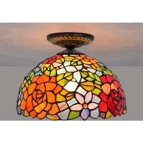 12 Inch European Style LED Rose Ceiling Light Stained Glass Ceiling Lamp for Living Room Hotel Classic Bedroom Restaurant Lamp