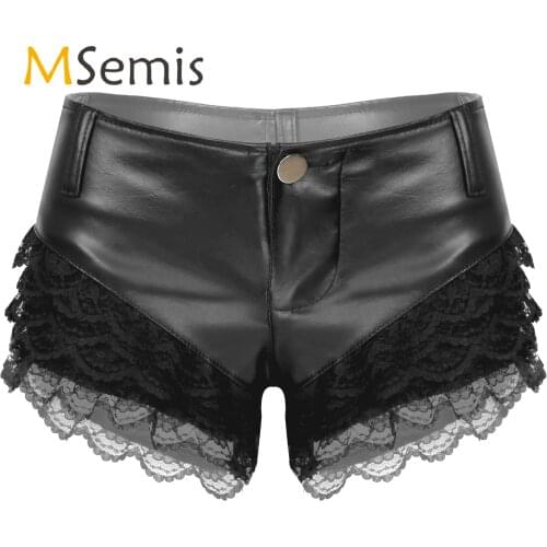 Womens Lace Patchwork PU Leather Shorts Ladies Fashion Low Waist Button Hot Pants Clubwear