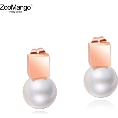 ZooMango Square Geometric Stud Earring For Women Titanium Steel Womens Simulated Pearl Earrings Jewelry Oorbellen ZE17074