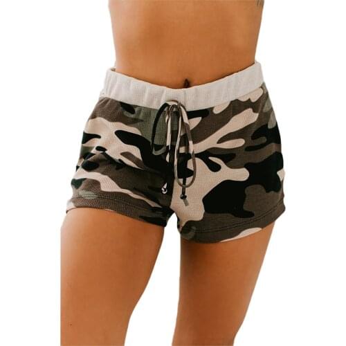 Womens Casual Style Shorts Ladies Elastic Mid Waist Short Pants Camouflage Printed Cotton Blend Lounge Shorts with Drawstring