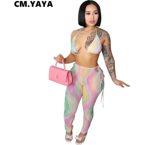 CM.YAYA Women Set Print Sleeveless Badnage Halter Bra Tops Lace Up Pencil Pants Two 2 Piece Sets Sexy Beanchwear Summer Swimsuit