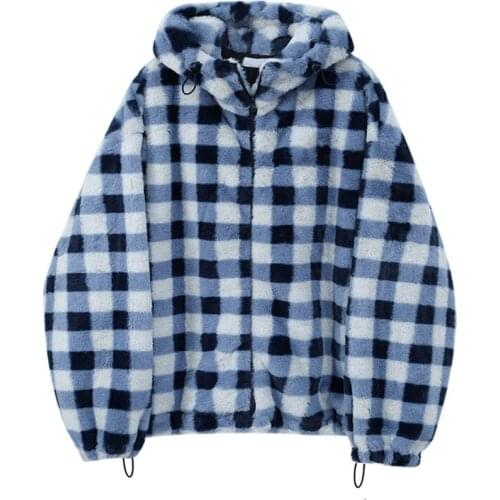 VSUE Women Faux Fur Coat Outwear Zipper Warm Thick Hooded Chic Elegant Blue Plaid C0552